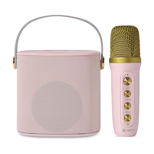 Toreto Jukebox Wireless Bluetooth Speaker 10W with Wireless Karaoke MIc IVoice Changing Feature | Deep Bass I USB I TWS I AUX I Outdoor Speaker with Carrying Strap (Pink)