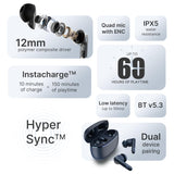 Noise Aura Buds in-Ear Truly Wireless Earbuds with 60H of Playtime, Quad Mic with ENC, Dual Device Pairing, Instacharge(10 min=150 min),12mm Polymer Composite Driver,BT v5.3(Aura White)