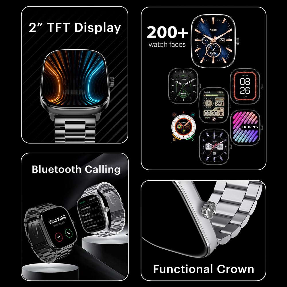 Noise New Macro Smart Watch with 2.0” HD Display,Metallic Finish BT Calling, Functional Crown, 7 Days Battery Life, Sleep Tracking, 200+ Watch Faces (Elite Black)