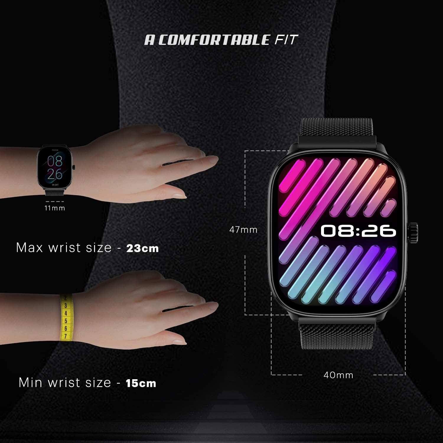 Noise New Macro Smart Watch with 2.0” HD Display,Metallic Finish BT Calling, Functional Crown, 7 Days Battery Life, Sleep Tracking, 200+ Watch Faces (Elite Black)