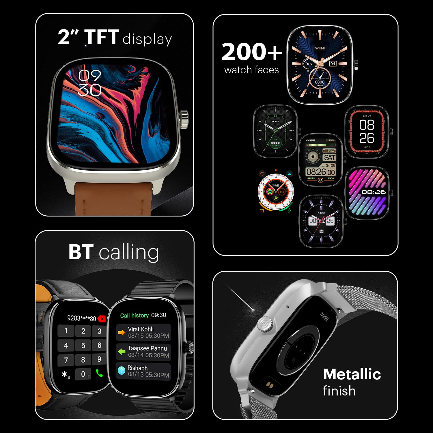Noise New Macro Smart Watch with 2.0” HD Display,Metallic Finish BT Calling, Functional Crown, 7 Days Battery Life, Sleep Tracking, 200+ Watch Faces (Elite Black)