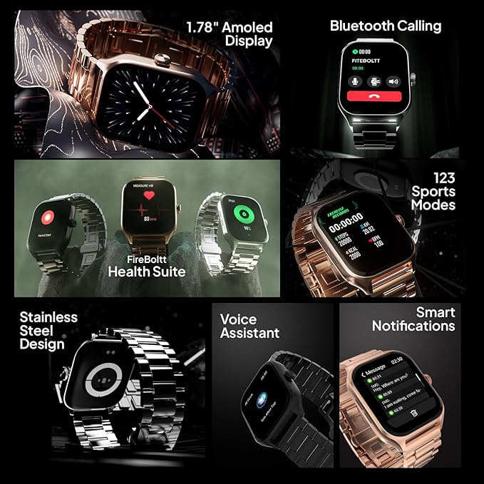 Fire-Boltt Solaris 1.78” AMOLED Always-on Display with 368 * 448 px Resolution, 123 Sports Mode, IP68 Water-Resistant, Long-Lasting Battery Life and Comprehensive Health Tracking