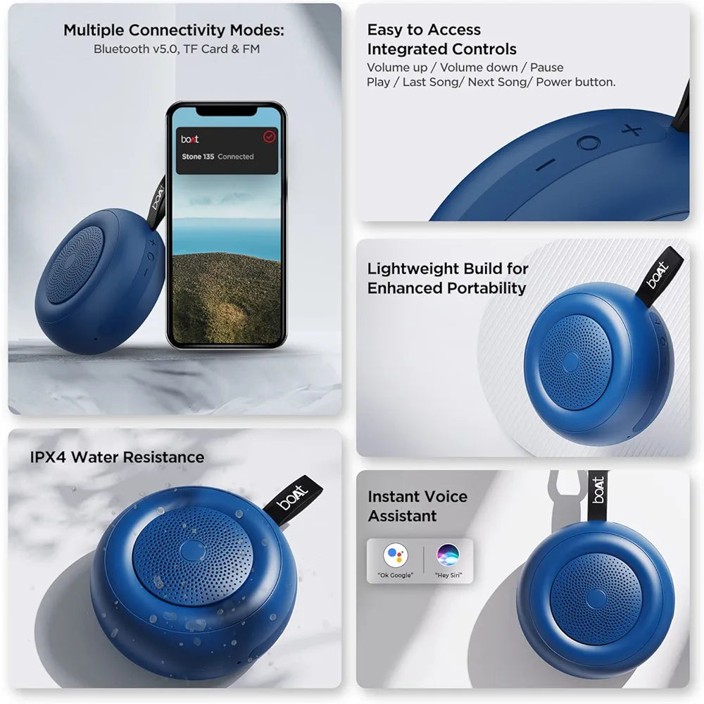 boAt Stone 135 Portable Wireless Speaker with 5W RMS Immersive Sound,IPX4 Water Resistance, True Wireless Feature, Up to 11H Total Playtime, Multi-Connectivity Modes with Type C Charging