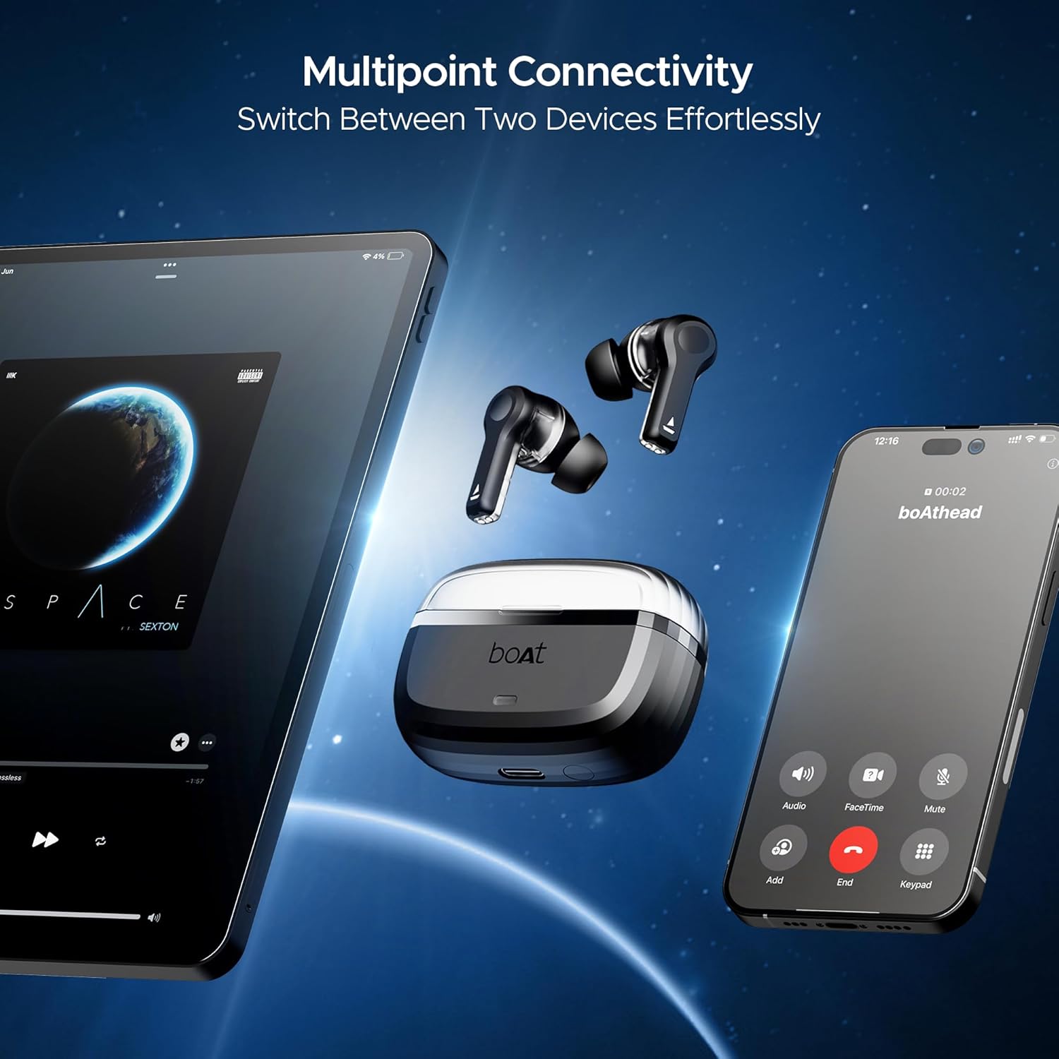 boAt Nirvana Space Truly Wireless in-Ear Earbuds w/ 360º Spatial Audio, ANC (~32dB),100HRS Playback,4 Mics w/AI-ENx™,in-Ear Detection,DLC Drivers, Multipoint Connectivity Ear Buds TWS (Cosmic Black)