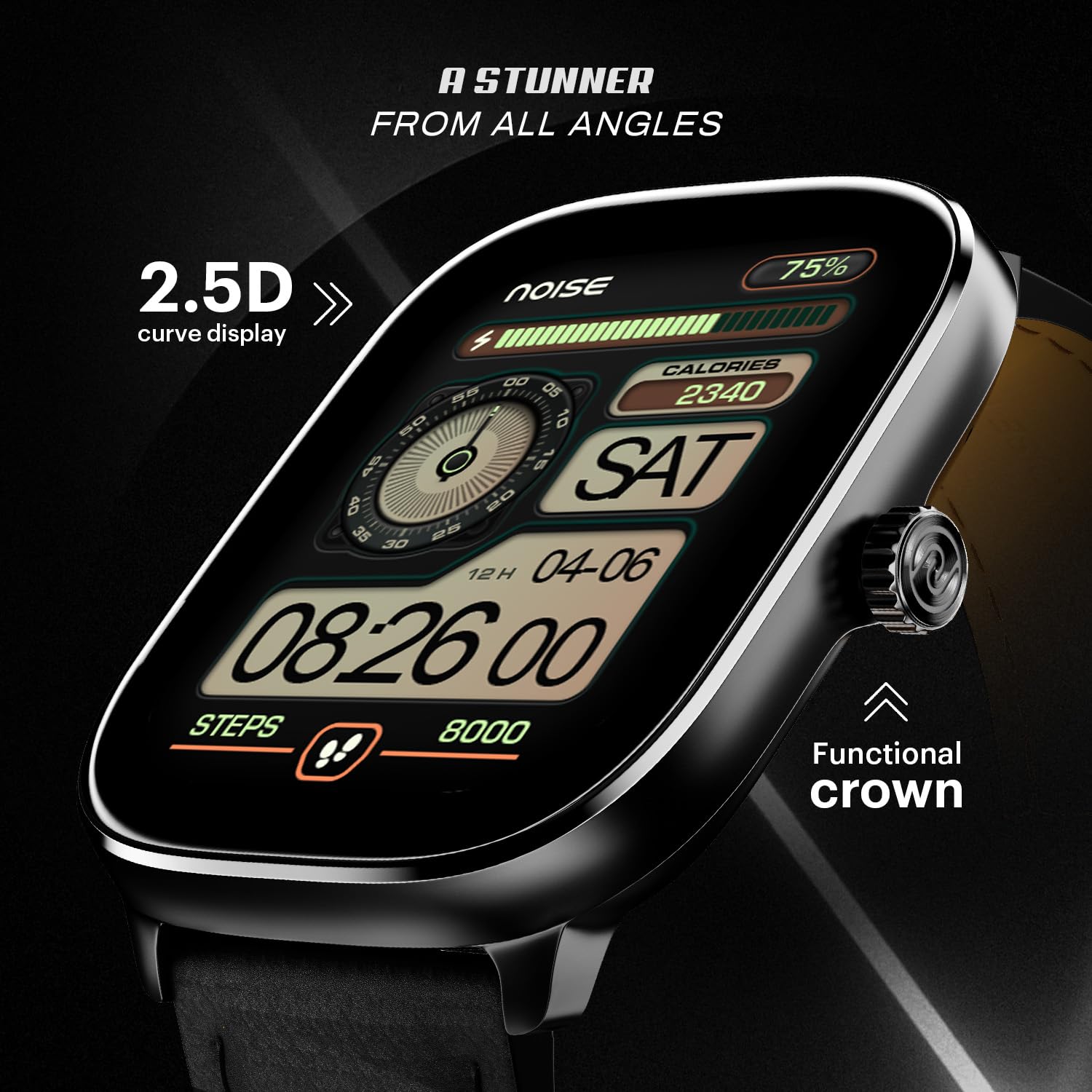 Noise New Macro Smart Watch with 2.0” HD Display,Metallic Finish BT Calling, Functional Crown, 7 Days Battery Life, Sleep Tracking, 200+ Watch Faces (Elite Black)