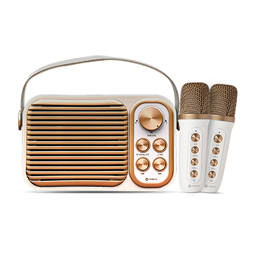 Toreto Retromini Wireless Bluetooth Speaker 14watt with Dual Wireless Karaoke Mic | Fast Charging | Voice Changing Feature | Deep Bass I USB I TWS I Aux I Outdoor Speaker | Carrying Strap
